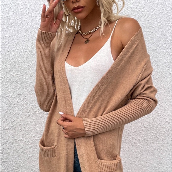 Ribbed Sleeve Longline Cardigan with Pockets - Picture 2 of 6